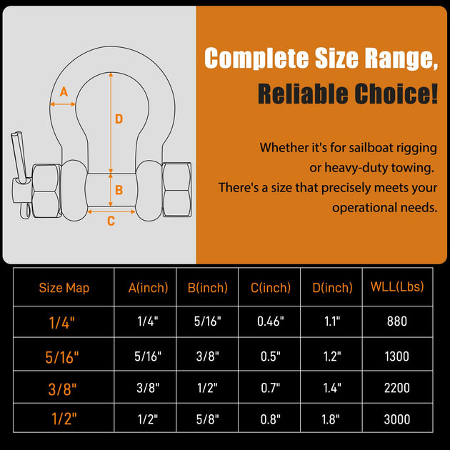 Size chart and dimensions for the silver bolt type bow shackle