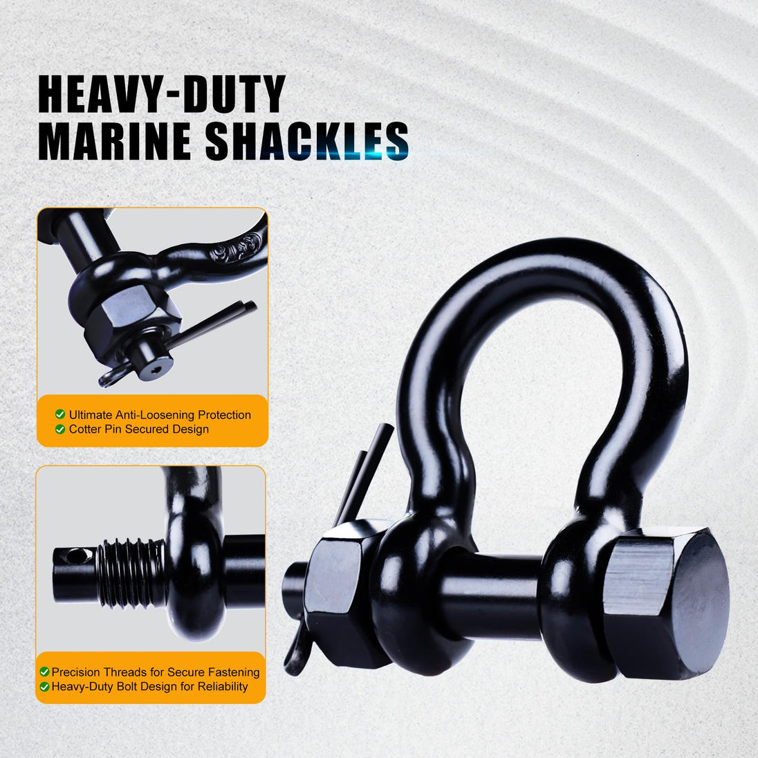 Detailed view of the 3-part locking system: bolt, nut, and stainless steel cotter pin.