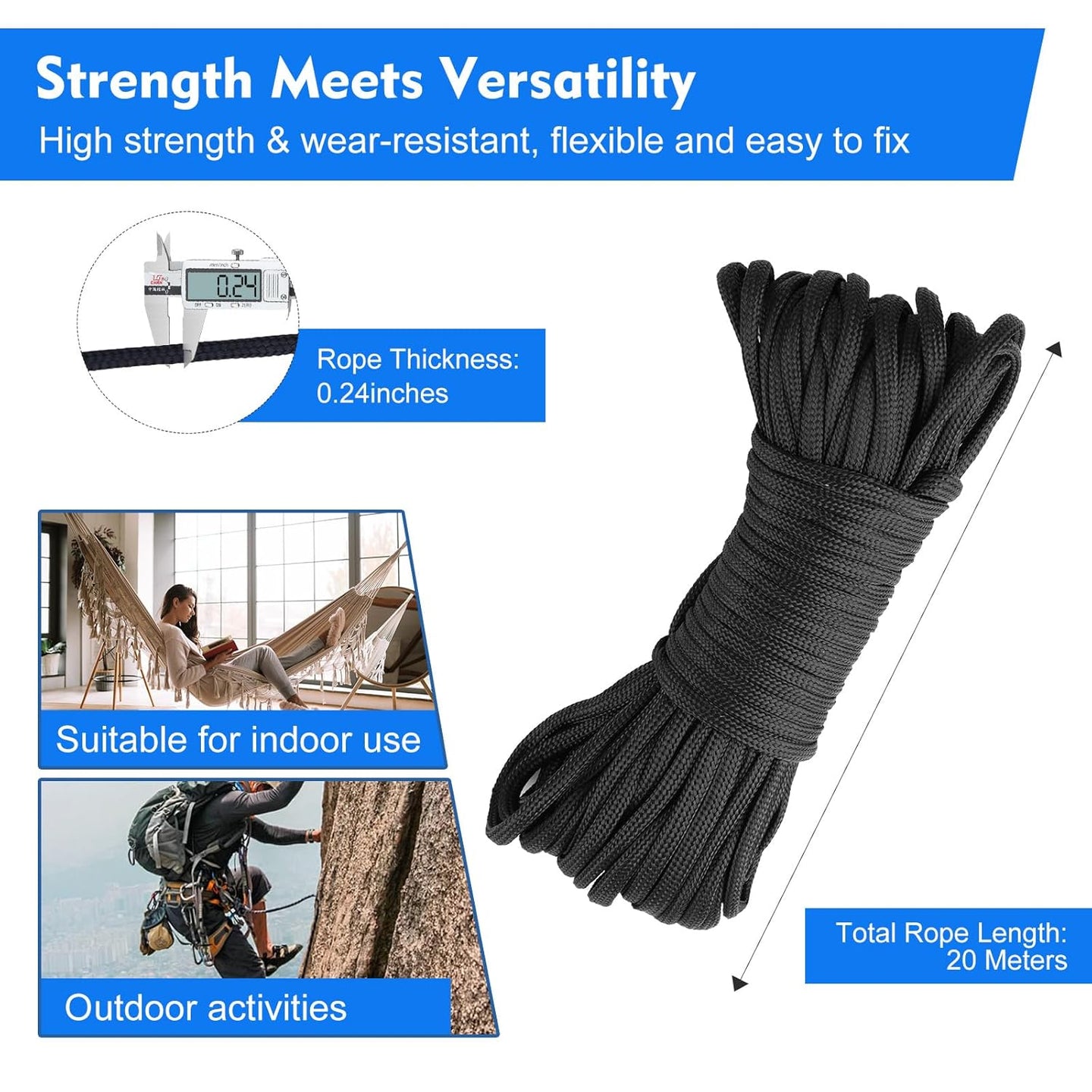 Braided nylon rope specifications for RiaYer pulley system suitable for indoor and outdoor use.
