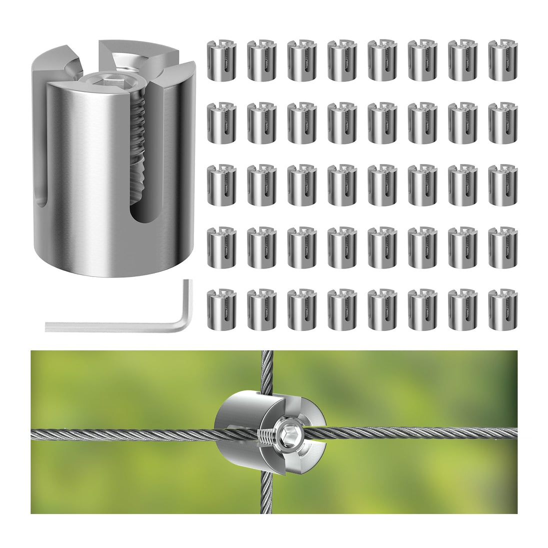 A bulk multi-pack bundle of silver stainless steel wire trellis cross clamps, the essential hardware clips needed for constructing large-scale outdoor green wall support systems.