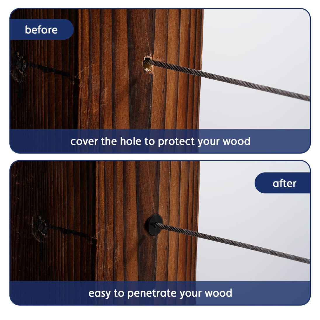 Before and after using black protective sleeves to prevent wire rope from cutting into wood