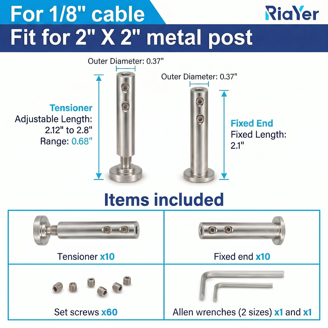 Dimensions and specifications for 1/8 inch cable railing hardware fitting 2x2 metal posts