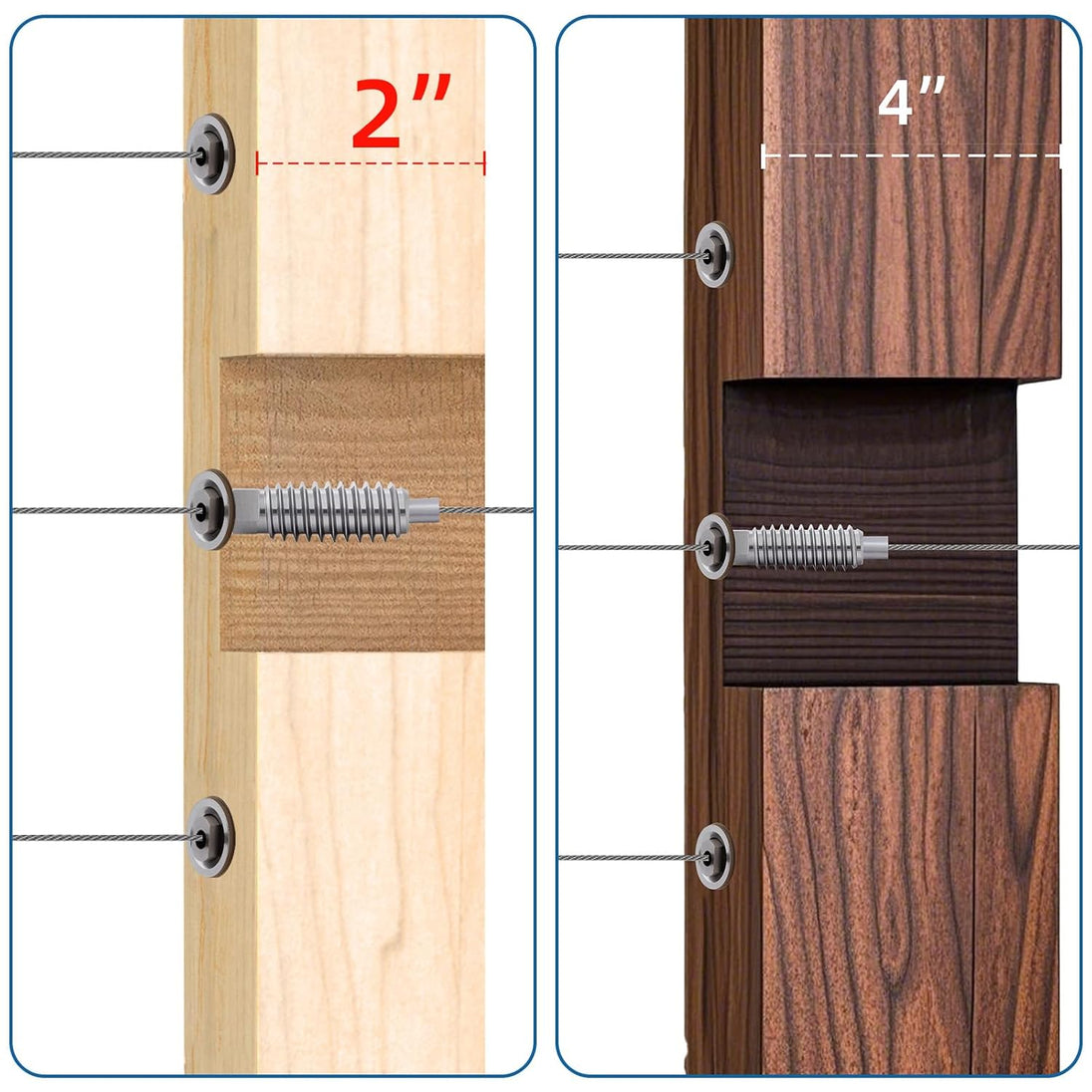 Invisible swage tensioner suitable for both 2 inch and 4 inch wood post cable railing systems.