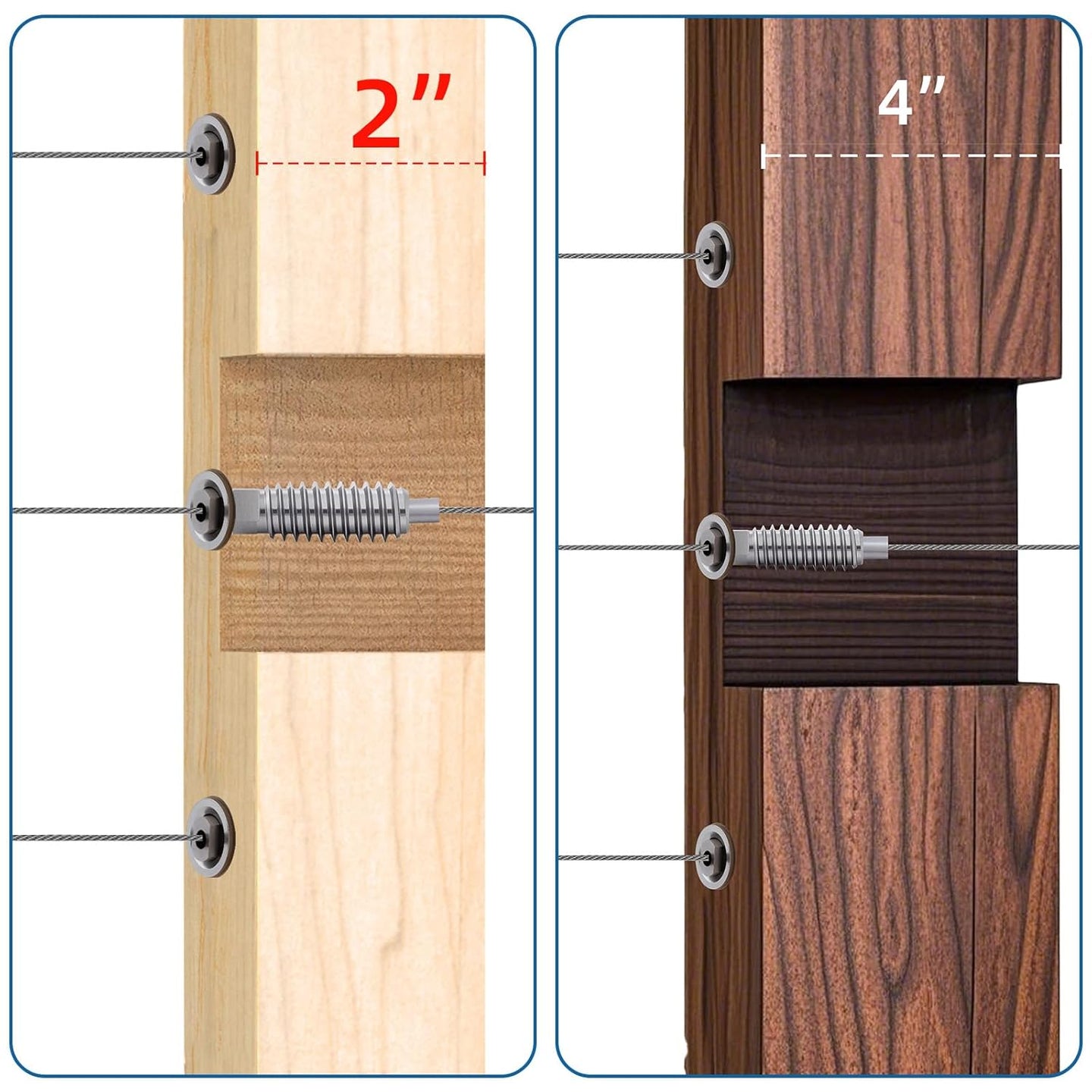 Invisible swage tensioner suitable for both 2 inch and 4 inch wood post cable railing systems.