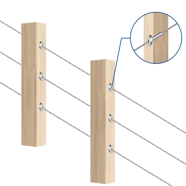 Instructional installation diagram illustrating how wire rope passes through wooden posts, highlighting the use of protective sleeves to prevent wood damage in cable railing systems.