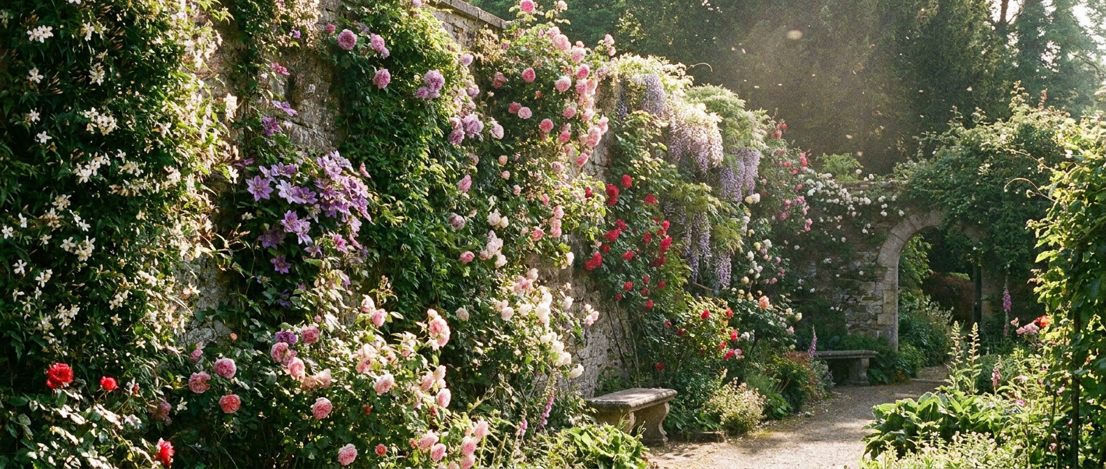 A picturesque English-style garden path featuring a rustic stone wall completely covered in blooming pink and purple climbing roses. The beautiful vertical floral landscape is supported by a sturdy, invisible wire rope cable trellis system.