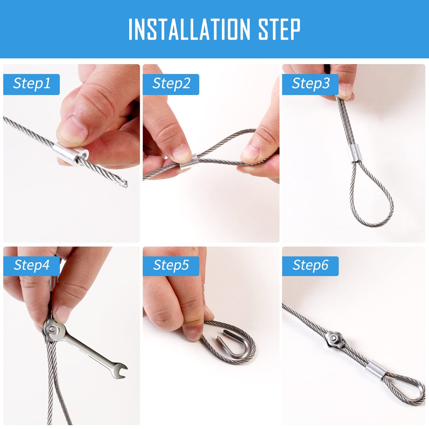 Step-by-step installation guide for RiaYer stainless steel wire rope hanging system.