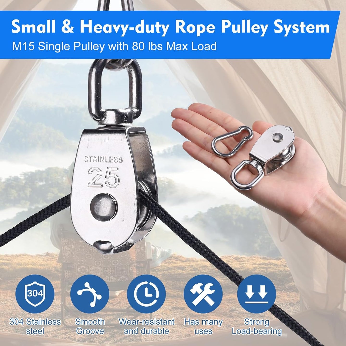 Product feature graphic showing a compact heavy-duty rope hoist pulley held in hand, highlighting its high load capacity for garage lifting.