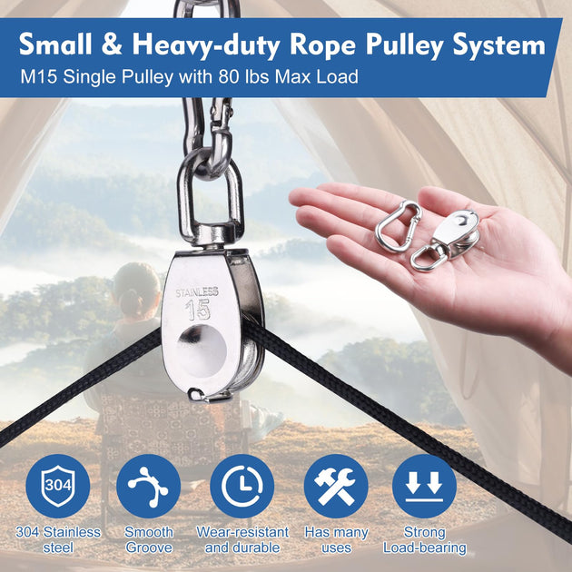 Product graphic demonstrating the compact size of a heavy-duty rope pulley block in a person's hand, while technical diagrams highlight its impressive weight-bearing capacity for lifting.