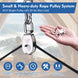Product graphic demonstrating the compact size of a heavy-duty rope pulley block in a person's hand, while technical diagrams highlight its impressive weight-bearing capacity for lifting.