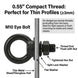 Technical graphic providing specifications for an M8 black eye bolt, highlighting its compact thread length suitable for tight clearance mounting applications.
