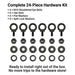 Detailed graphic of a complete 24-piece rigging installation accessories pack, laying out all the necessary eye bolts, washers, and nuts for large projects.