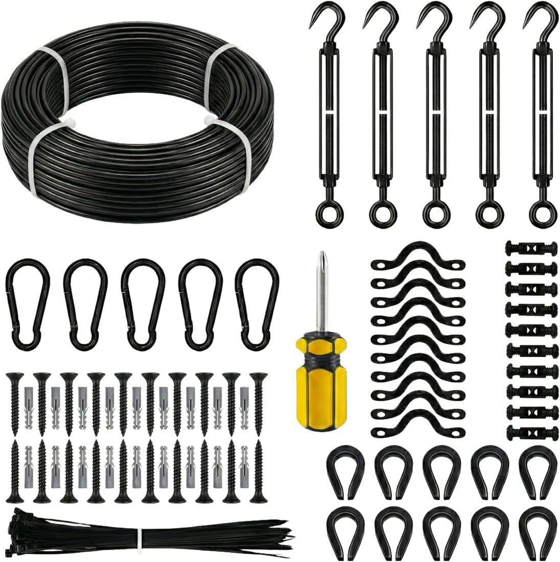 Neatly arranged layout of a complete black cafe lighting suspension hardware set, including coated wire rope, turnbuckles, zip ties, and a screwdriver.