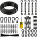 Neatly arranged layout of a complete black cafe lighting suspension hardware set, including coated wire rope, turnbuckles, zip ties, and a screwdriver.