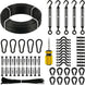 Neatly arranged layout of a complete black cafe lighting suspension hardware set, including coated wire rope, turnbuckles, zip ties, and a screwdriver.