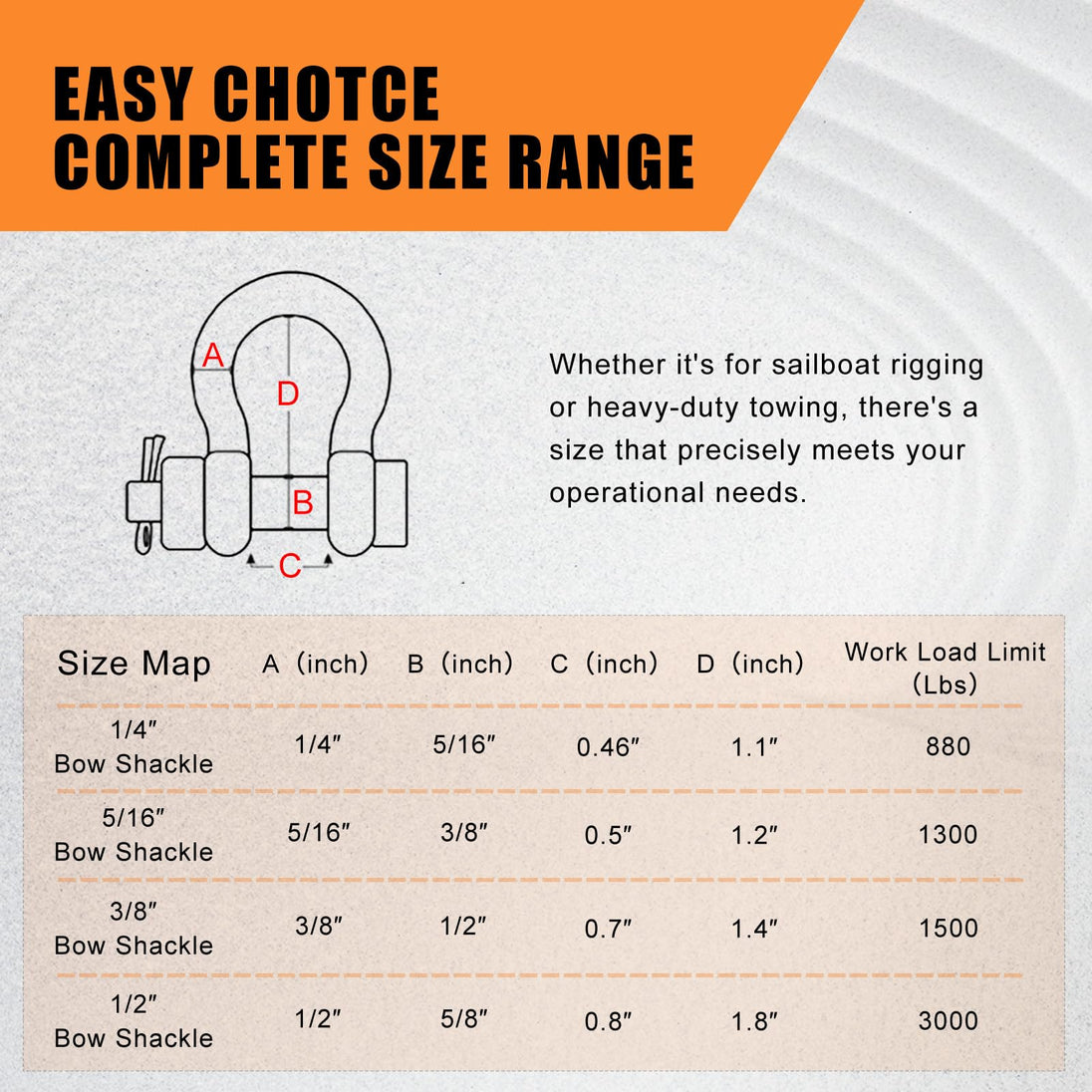 Complete size range chart for RiaYer bolt-type anchor shackles from 1/4 to 1/2 inch.