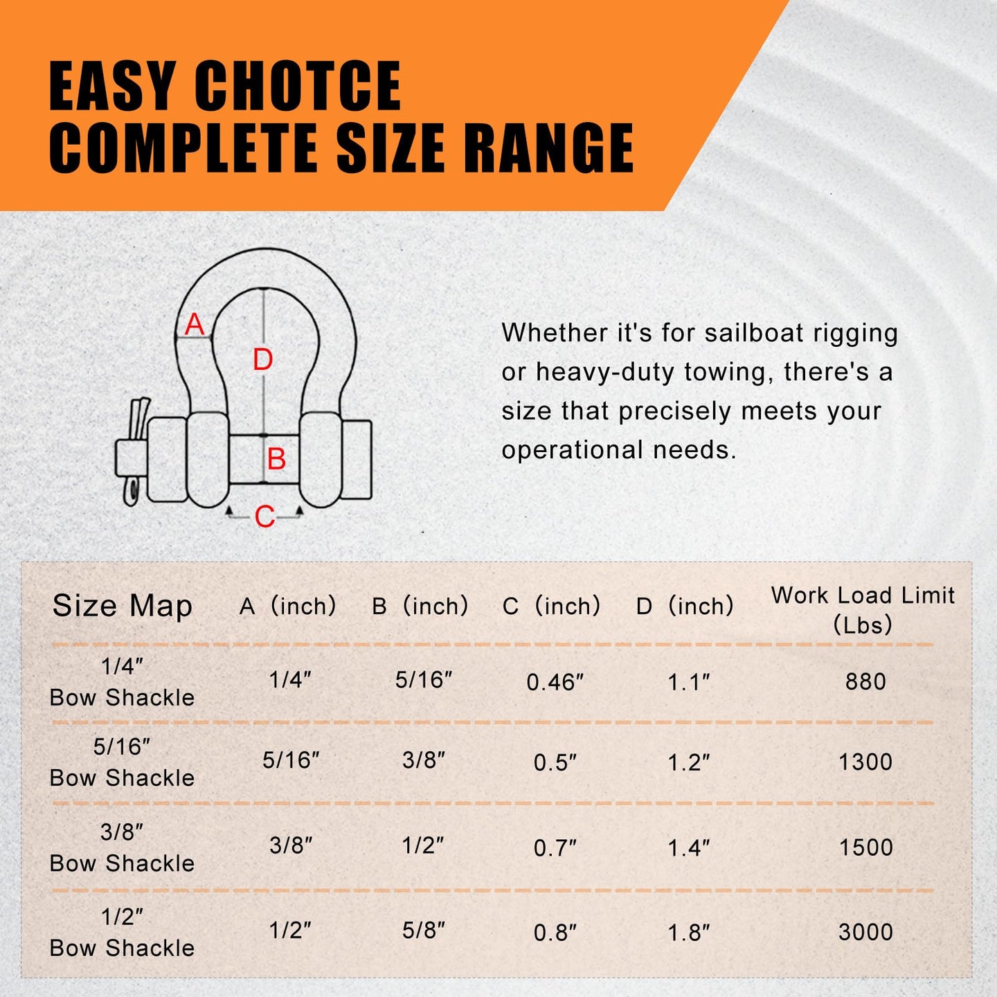 Complete size range chart for RiaYer bolt-type anchor shackles from 1/4 to 1/2 inch.