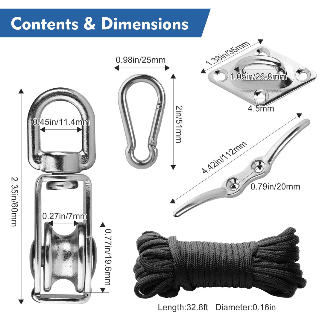 Comprehensive chart laying out all the included accessories of a rope hoist pulley system, such as carabiners, mounting screws, and the durable nylon cord.