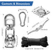 Comprehensive chart laying out all the included accessories of a rope hoist pulley system, such as carabiners, mounting screws, and the durable nylon cord.