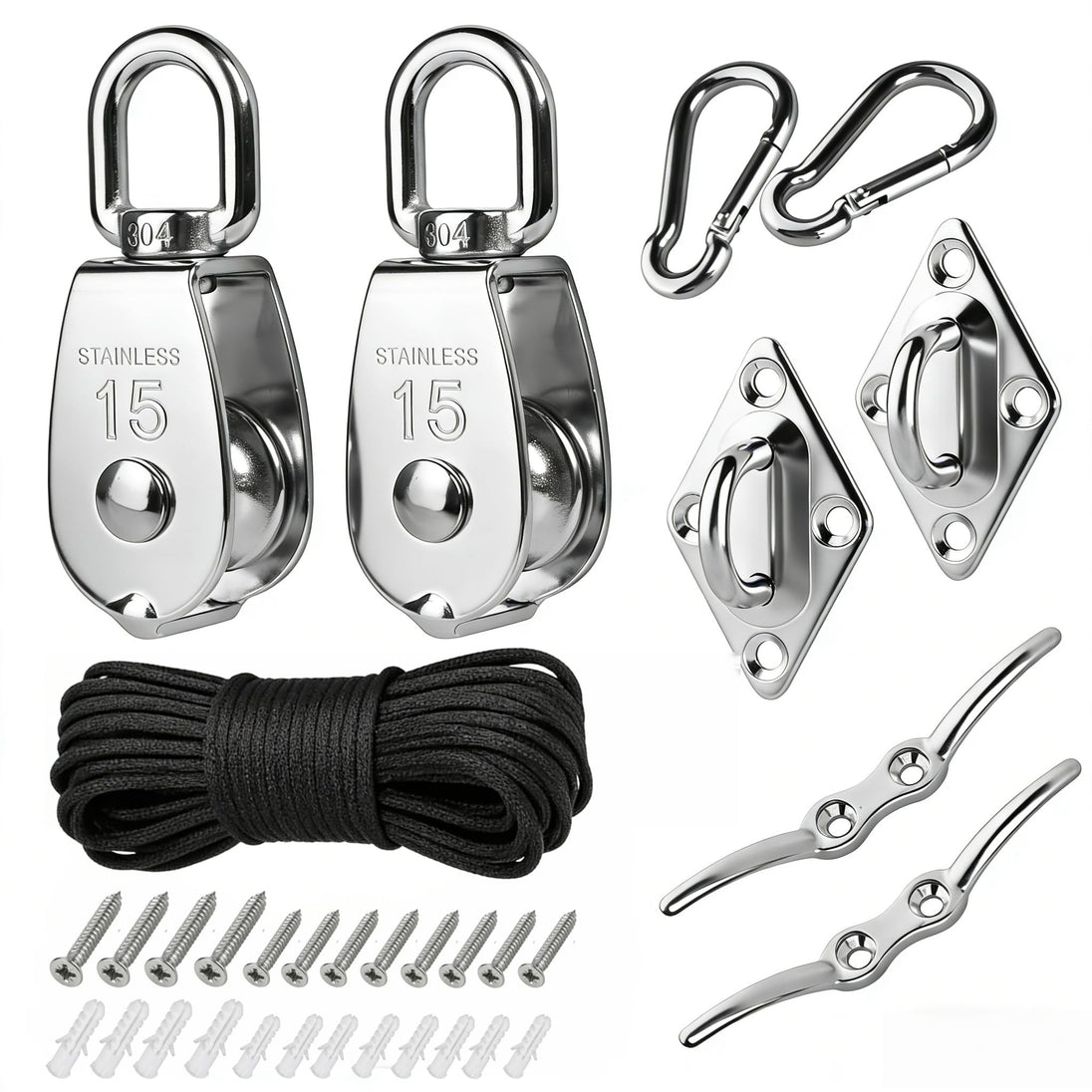 A complete stainless steel swivel pulley block hoist system kit, showcasing all included hardware such as two pulleys, nylon rope, snap hooks, and mounting eye plates.