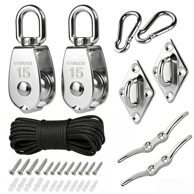 A complete stainless steel swivel pulley block hoist system kit, showcasing all included hardware such as two pulleys, nylon rope, snap hooks, and mounting eye plates.