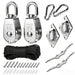 A complete stainless steel swivel pulley block hoist system kit, showcasing all included hardware such as two pulleys, nylon rope, snap hooks, and mounting eye plates.