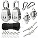 A complete stainless steel swivel pulley block hoist system kit, showcasing all included hardware such as two pulleys, nylon rope, snap hooks, and mounting eye plates.