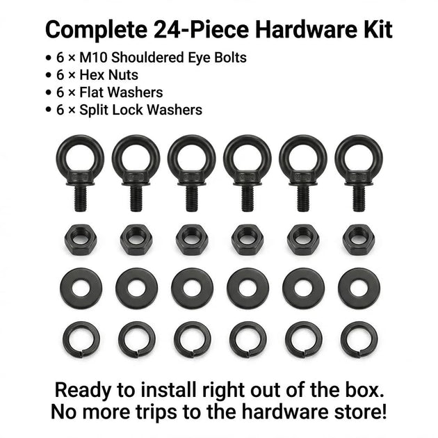 A comprehensive 24-piece hardware set displaying an array of eye bolt fasteners, washers, and nuts, ready for immediate use in extensive rigging projects.
