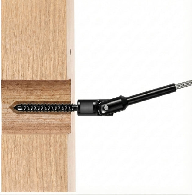 Diagram showing RiaYer invisible adjustable tensioner concealed inside a wood post.