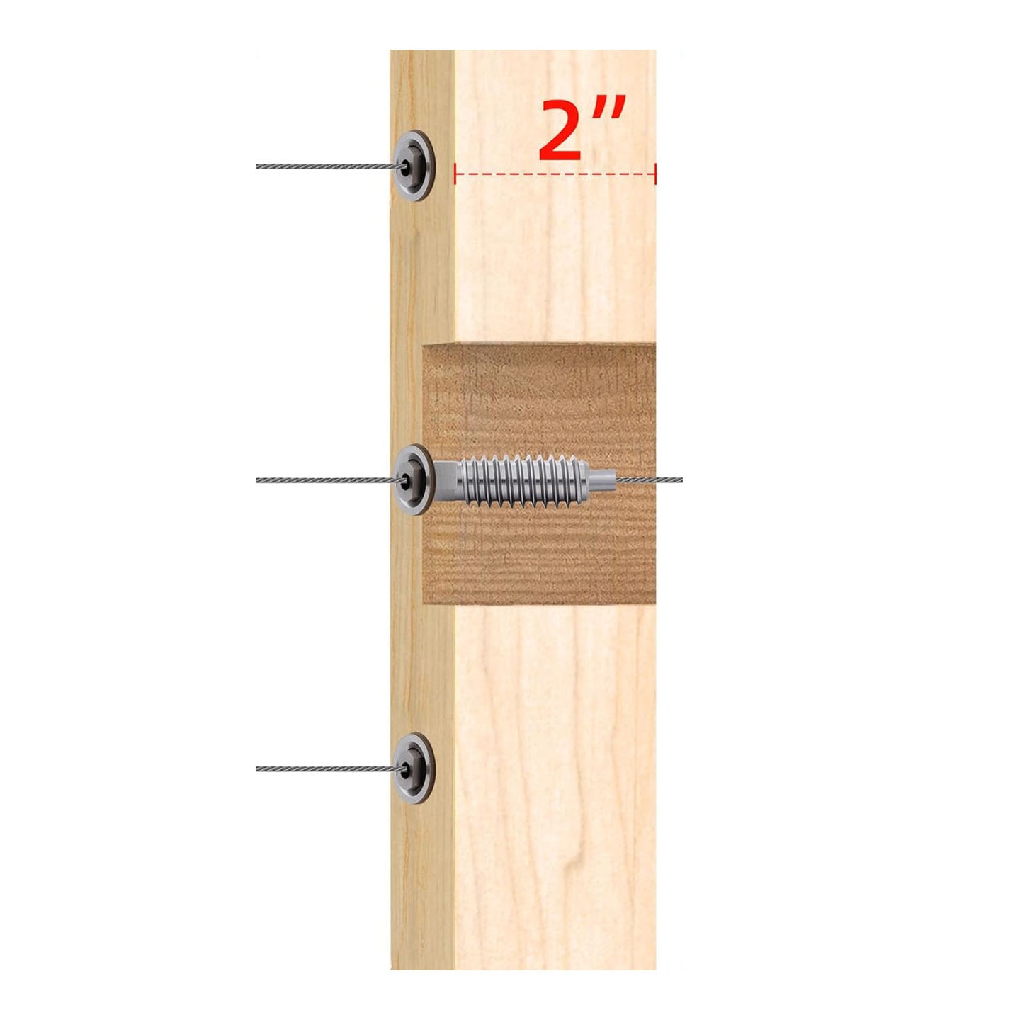 Diagram showing RiaYer invisible cable railing hardware concealed inside a 2 inch wood post.