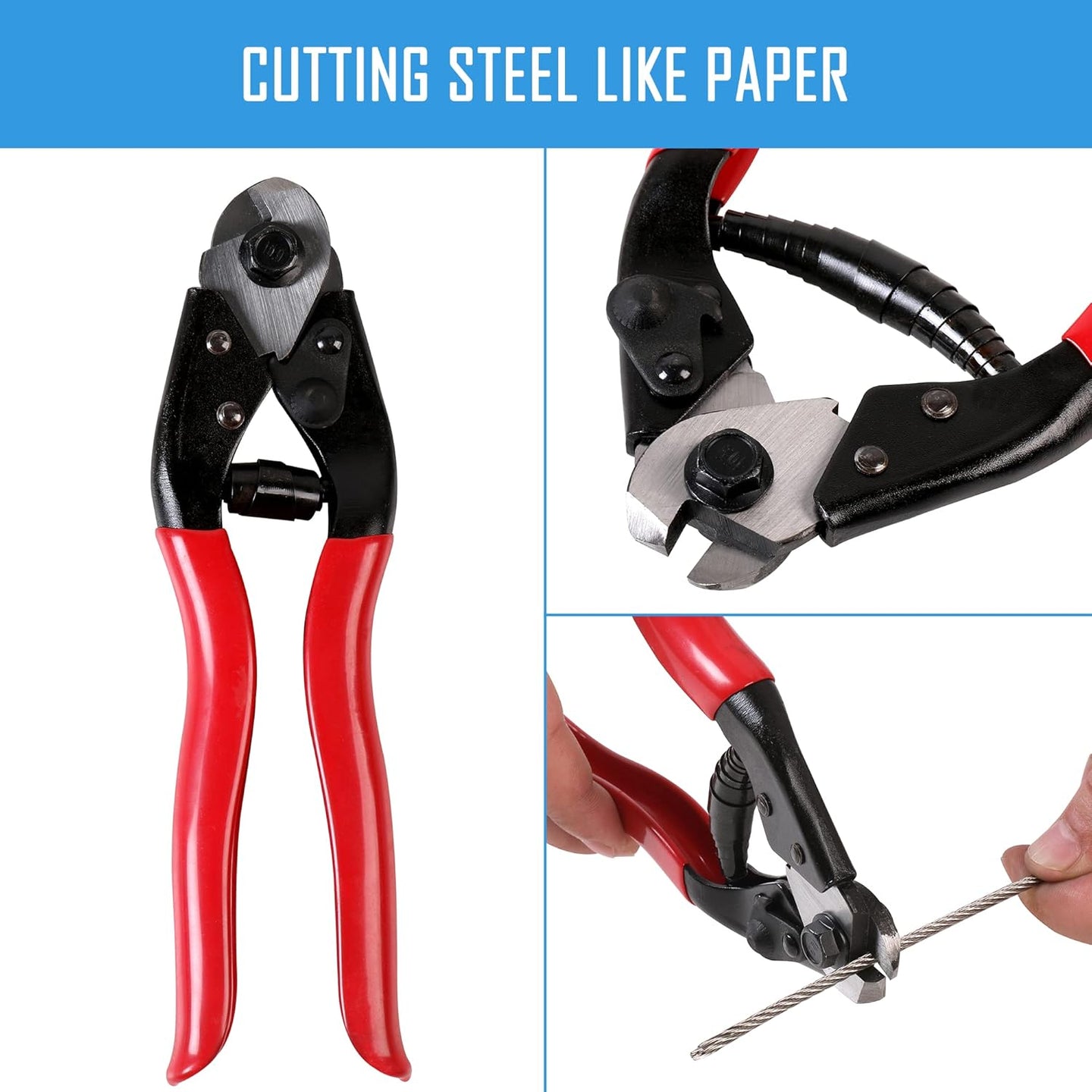 Cutting 1/8 inch stainless steel wire rope cleanly using the included heavy duty cutter tool.