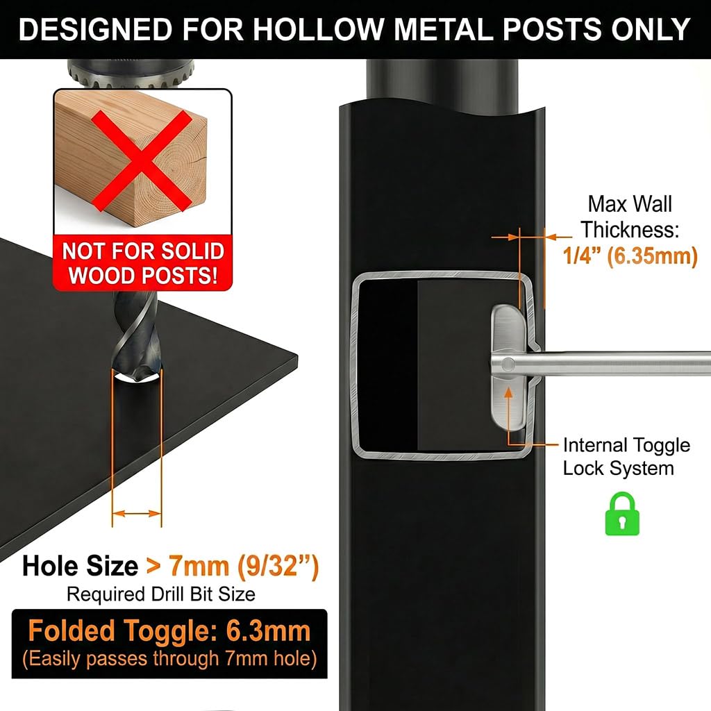 Important compatibility warning: This internal toggle lock system is designed EXCLUSIVELY for hollow metal posts (aluminum or steel tubes) and is NOT suitable for solid wood posts.