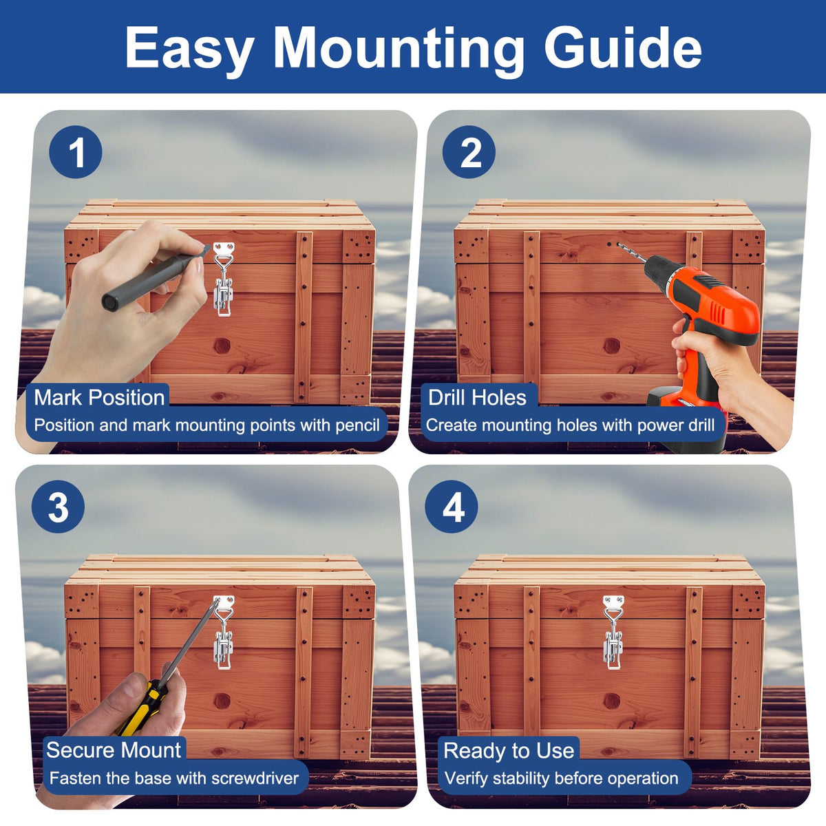 DIY step-by-step instructional guide teaching how to properly drill holes and securely mount heavy-duty dock cleats to a wooden patio or pier.