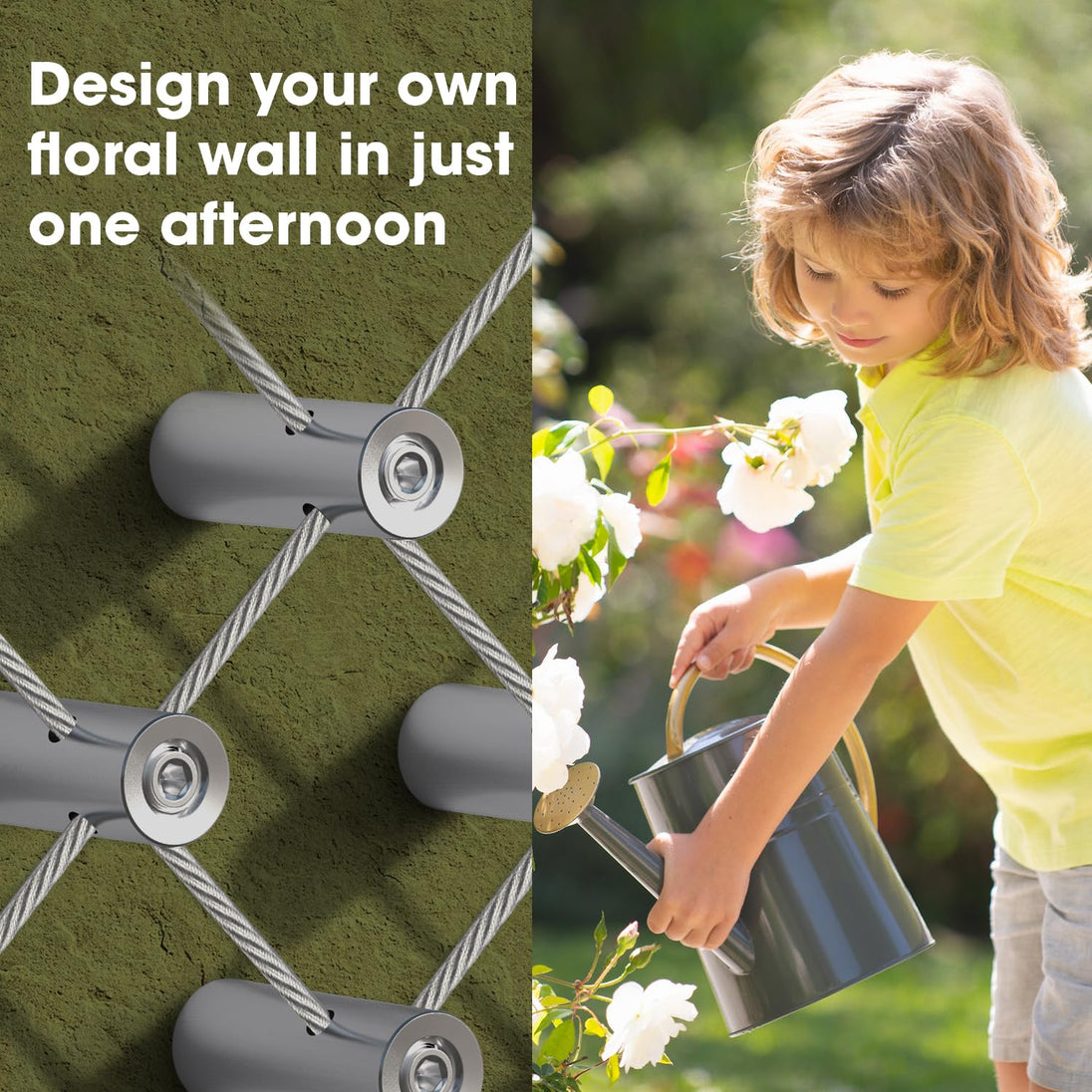 Child watering a DIY vertical floral garden supported by a stainless steel wire trellis system