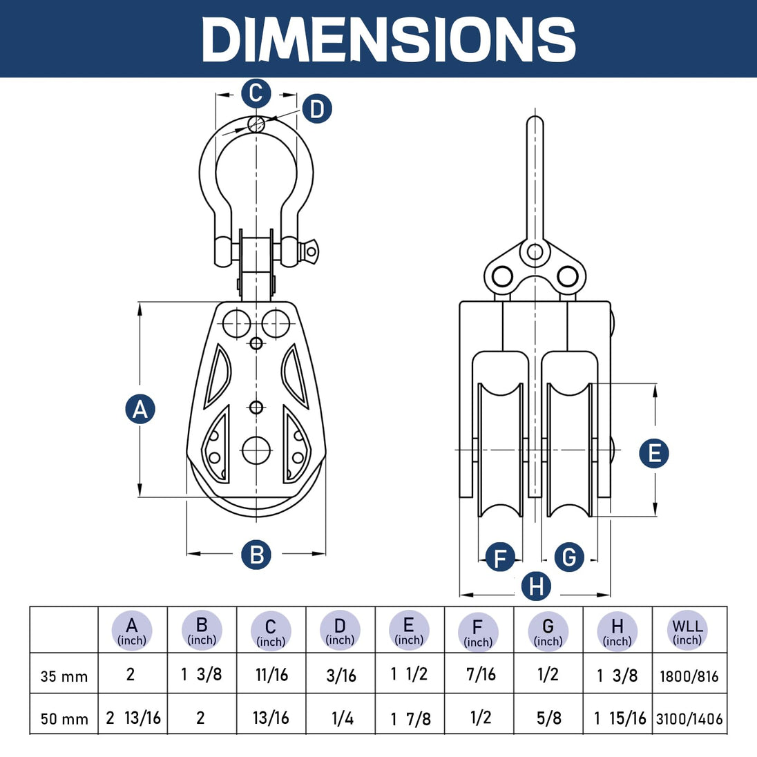 Detailed dimensions and technical size chart for RiaYer 35mm and 50mm double sheave sailing blocks.