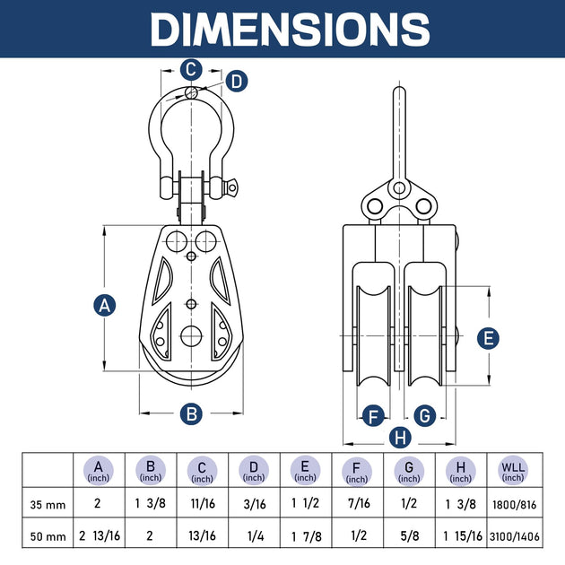 Detailed dimensions and technical size chart for RiaYer 35mm and 50mm double sheave sailing blocks.