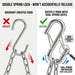Comparison showing secure double spring gate mechanism versus unsecured ordinary open S-hooks