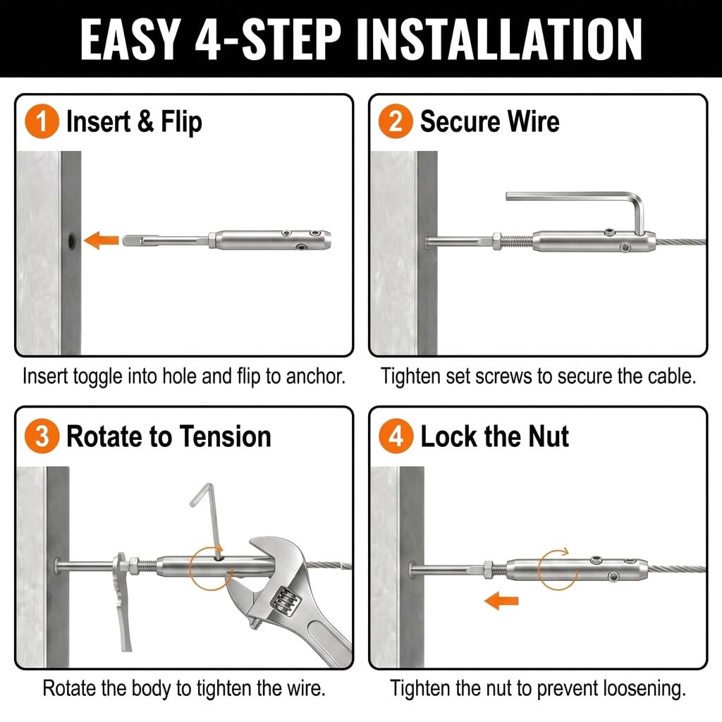 Easy 4-step installation guide: 1. Insert toggle into hole and flip to anchor. 2. Secure wire with set screws. 3. Rotate the turnbuckle body to tension the wire. 4. Tighten the lock nut to prevent loosening.