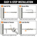 Easy 4-step installation guide: 1. Insert toggle into hole and flip to anchor. 2. Secure wire with set screws. 3. Rotate the turnbuckle body to tension the wire. 4. Tighten the lock nut to prevent loosening.