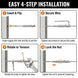 Easy 4-step installation guide: 1. Insert toggle into hole and flip to anchor. 2. Secure wire with set screws. 3. Rotate the turnbuckle body to tension the wire. 4. Tighten the lock nut to prevent loosening.