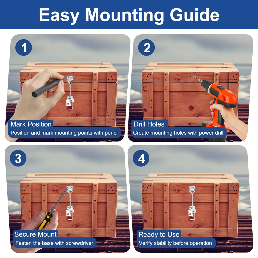 An easy 4-step instructional guide showing how to properly drill holes and secure a marine dock cleat to a wooden deck using bolts and backing plates.