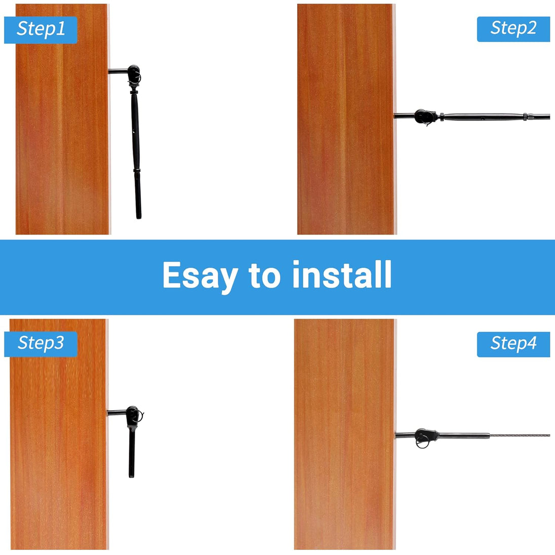 Step-by-step diagram showing an easy-to-install black eye bolt anchored through a wooden post to secure a wire rope thimble.