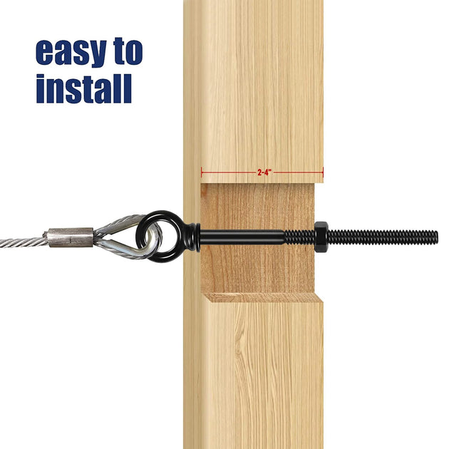Close-up demonstrating the easy installation of a wire rope looped with a thimble, securely anchored to a wooden post using a heavy-duty screw eye hook.