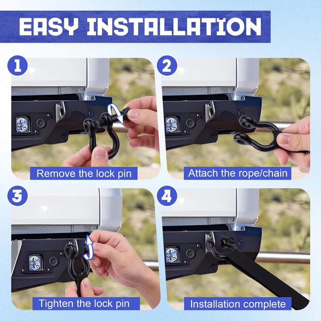 Step-by-step easy installation guide for attaching RiaYer bow shackle to a vehicle tow hitch.