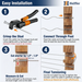 4-step easy installation guide for the cable railing kit: crimp the stud using a hydraulic tool, connect through the post, measure and cut the wire, and use a hex key for final tensioning.