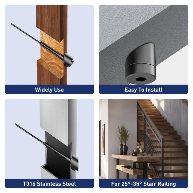 Easy to install 30 degree beveled washer creating a secure connection for stair cable railings.