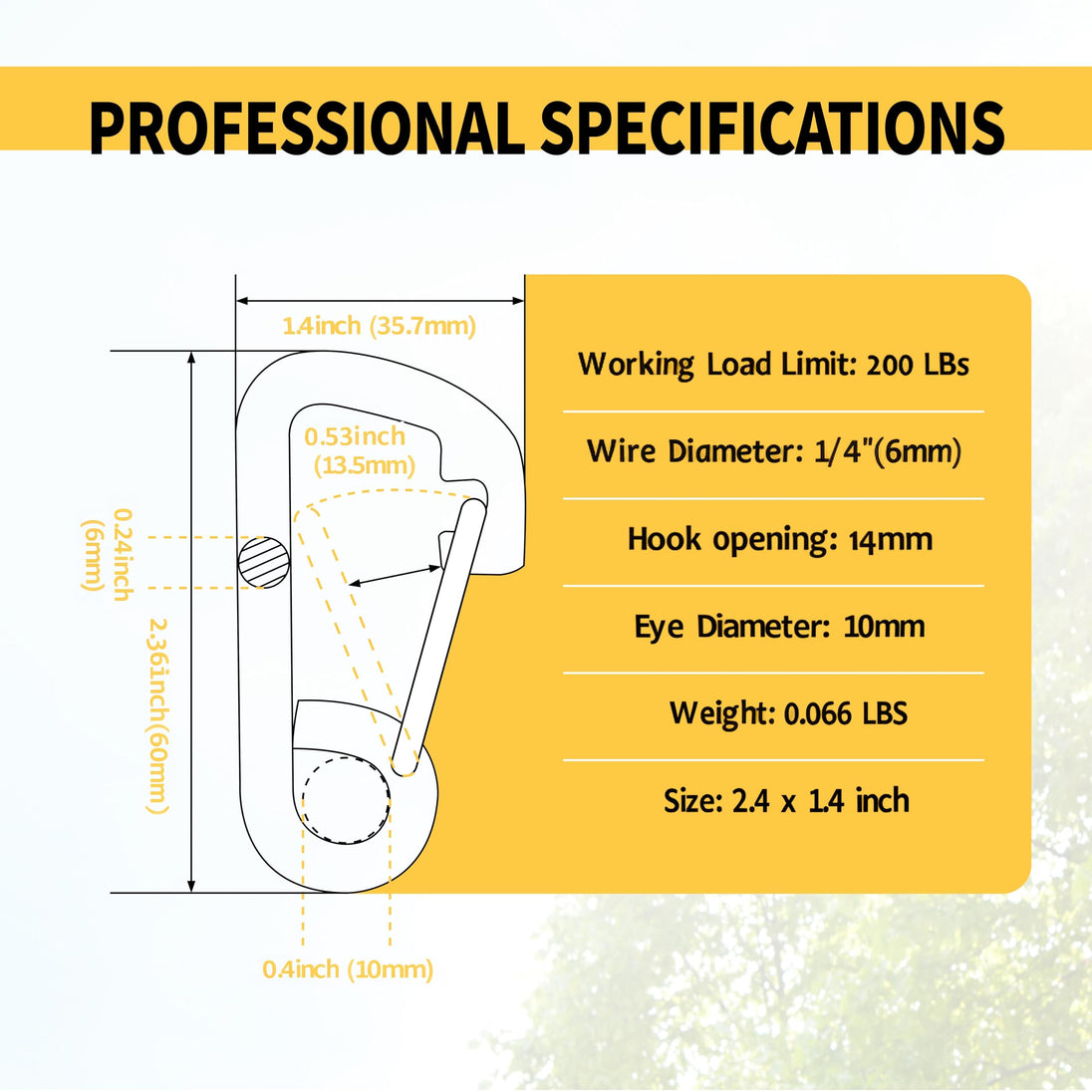 Detailed engineering-grade dimension chart for a stainless steel snap hook, providing essential measurements for safe and precise rigging setups.