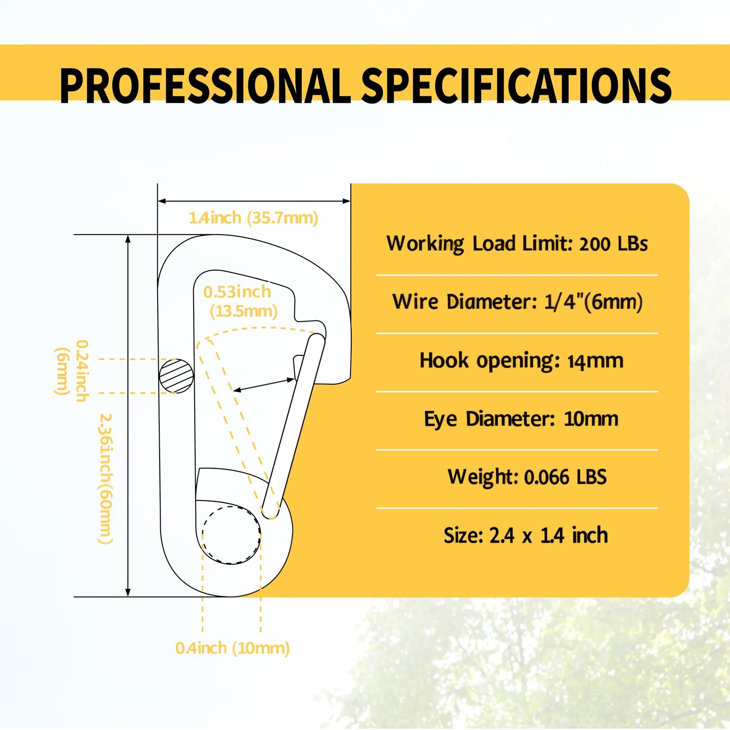 Detailed engineering-grade dimension chart for a stainless steel snap hook, providing essential measurements for safe and precise rigging setups.