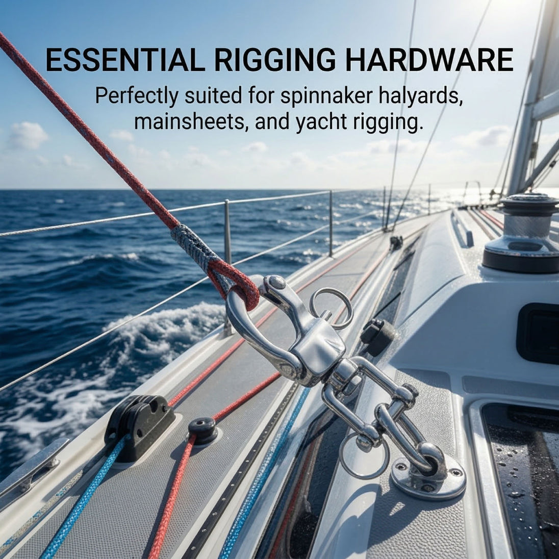 A sailboat cruising swiftly on the ocean, serving as a dynamic background for a graphic about essential marine rigging hardware.