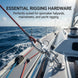 A sailboat cruising swiftly on the ocean, serving as a dynamic background for a graphic about essential marine rigging hardware.